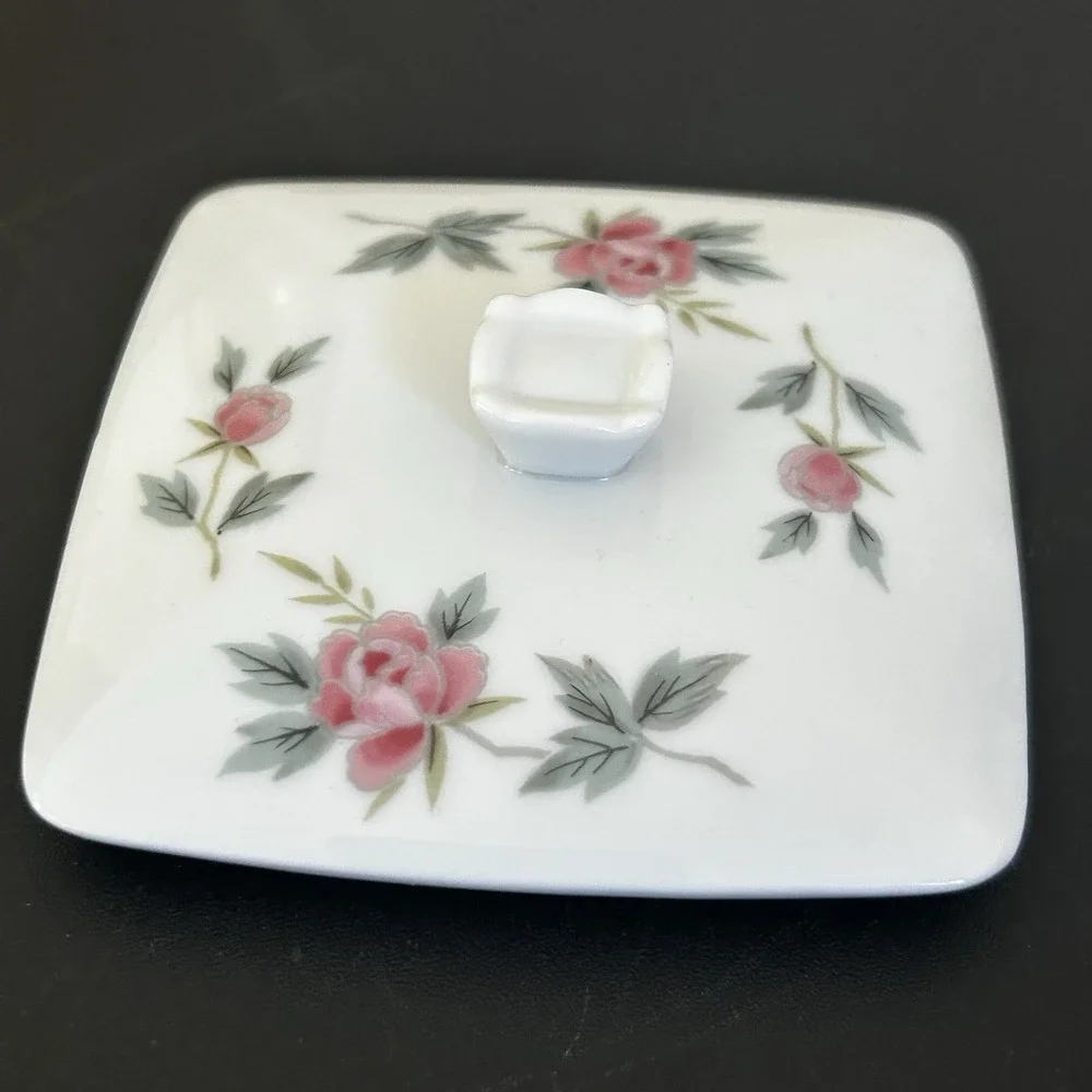 Vintage Andy Panda Japan Pink Rose Floral Porcelain Square Lidded Trinket Box